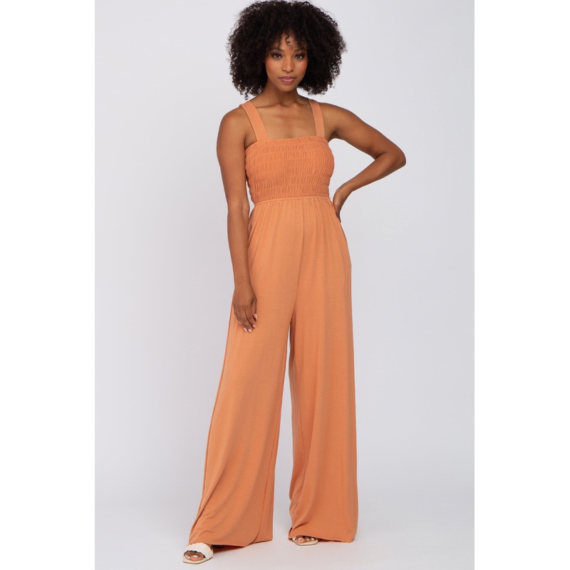 Orange Sleeveless Smocked Wide Leg Jumpsuit