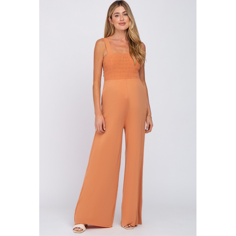 Orange Sleeveless Smocked Wide Leg Maternity Jumpsuit