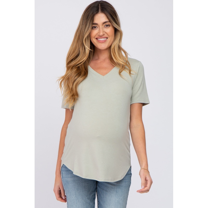 Sage V-Neck Maternity Short Sleeve Round Hem Top