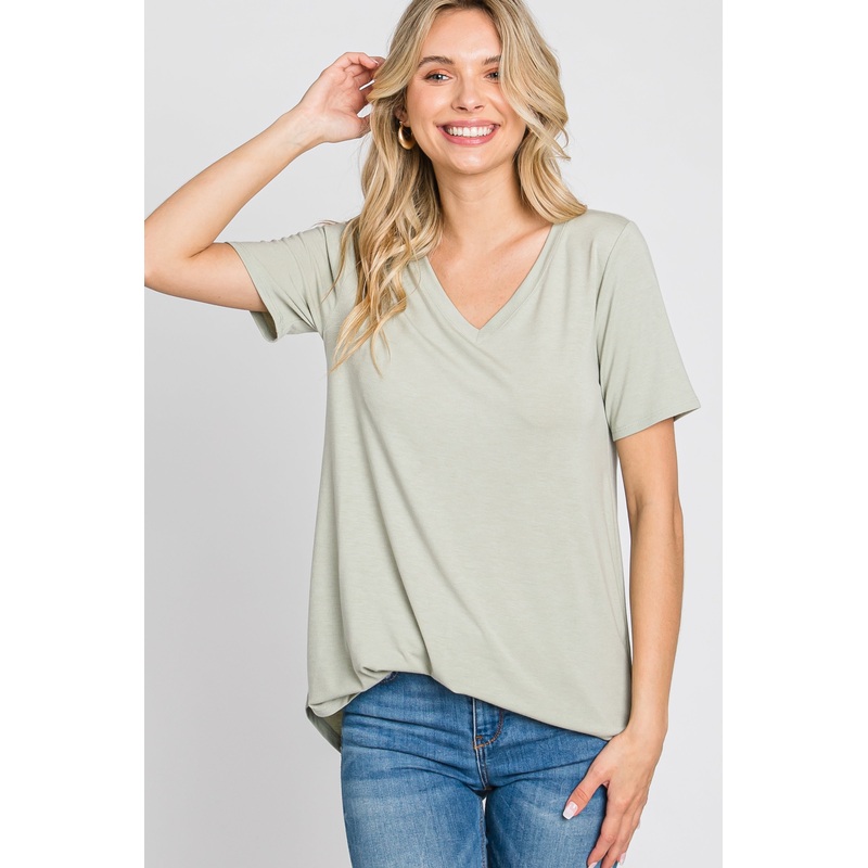 Sage V-Neck Short Sleeve Round Hem Top