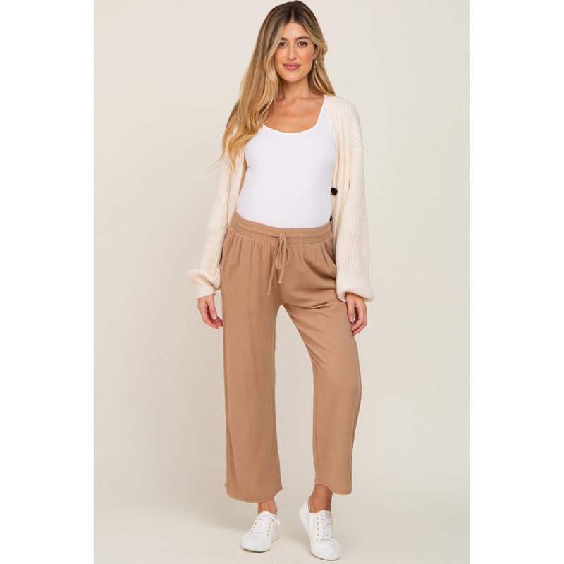 Taupe Drawstring Waist Linen Maternity Pants