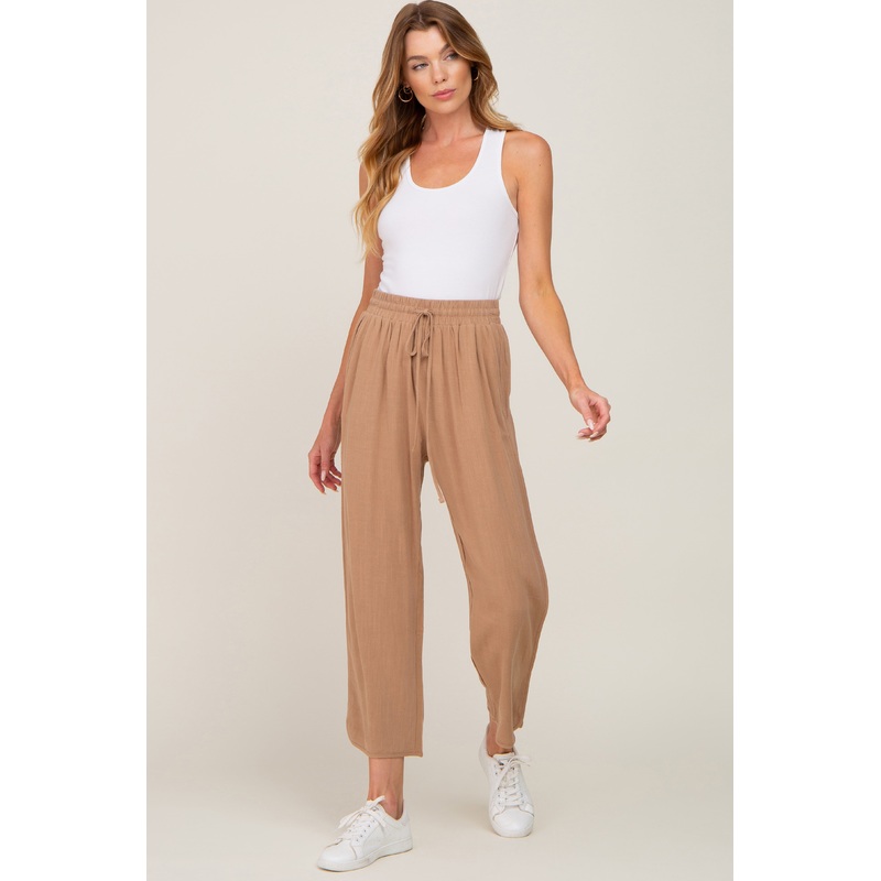 Taupe Drawstring Waist Linen Pants