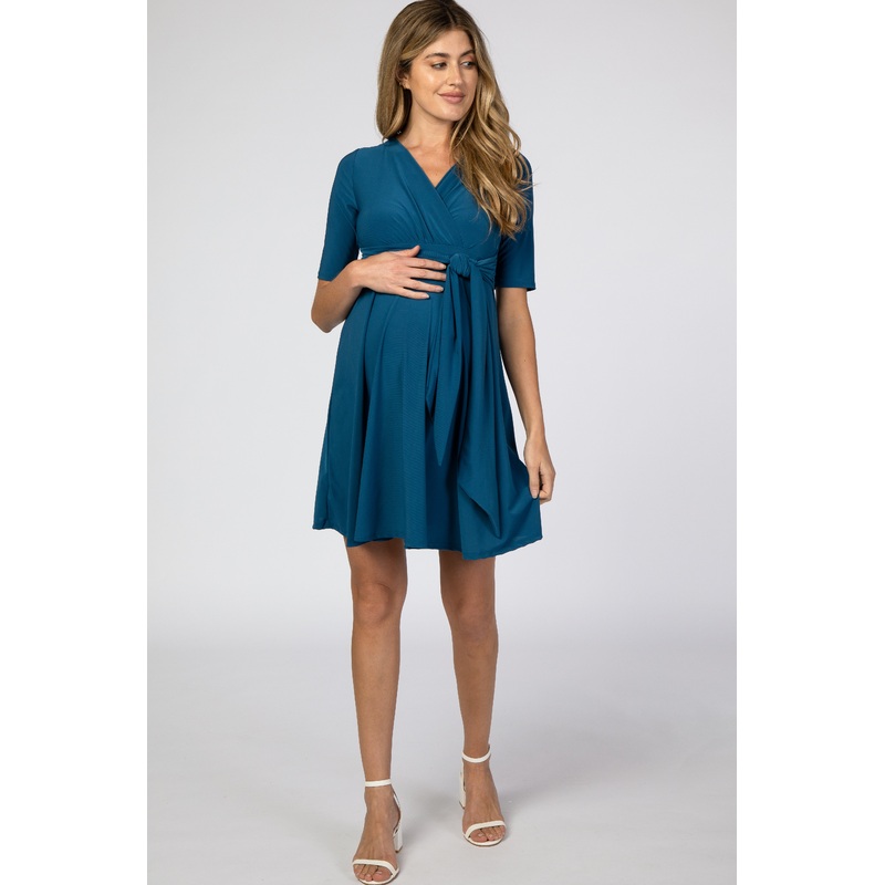 Teal Waist Tie Maternity Nursing Dress