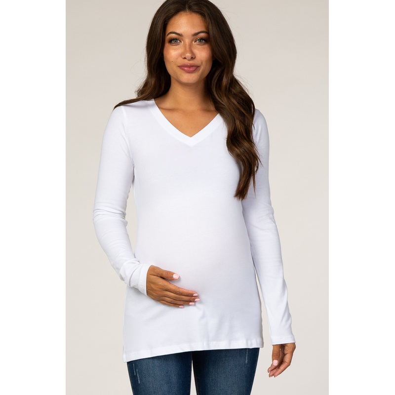 White Fitted V-Neck Maternity Top