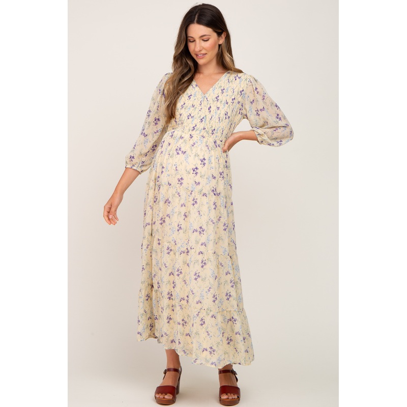 Yellow Floral 3/4 Sleeve Tiered Maternity Maxi Dress
