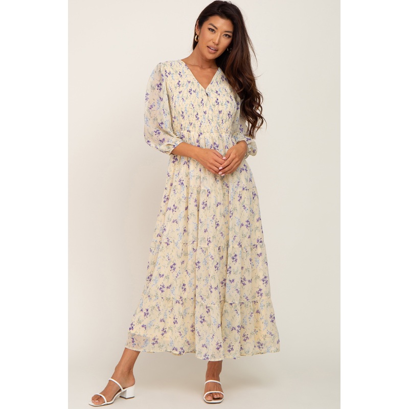 Yellow Floral 3/4 Sleeve Tiered Maxi Dress