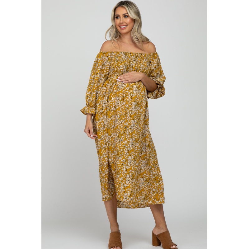 Yellow Floral Smocked Maternity Midi Dress