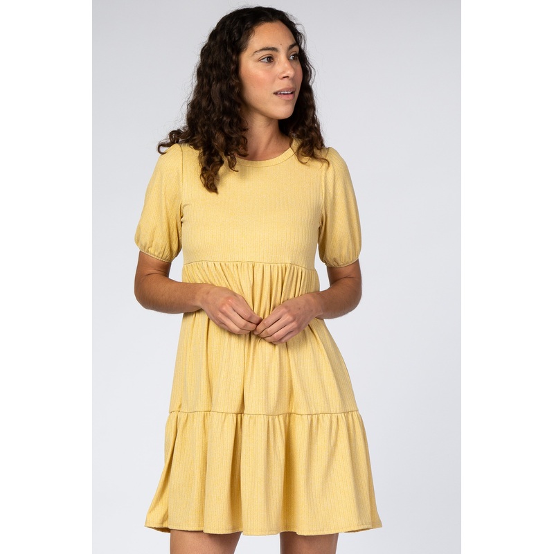 Yellow Heather Ribbed Tiered Dress