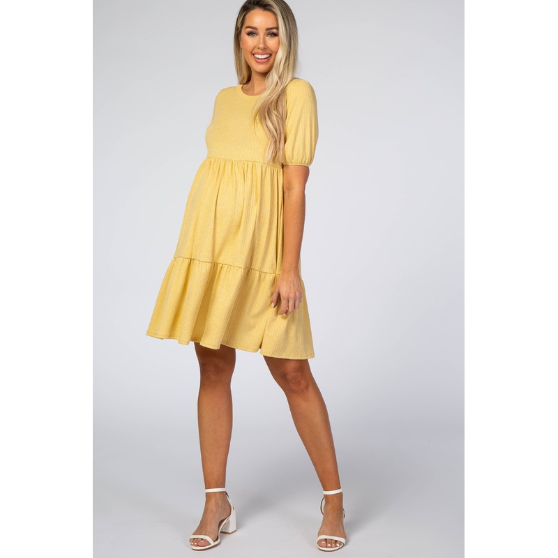 Yellow Heather Ribbed Tiered Maternity Dress