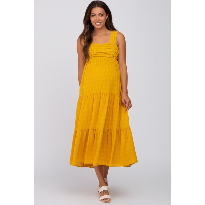 Yellow Ruched Tiered Maternity Midi Dress