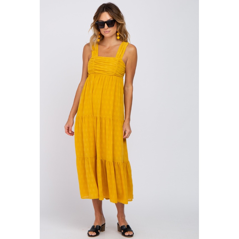 Yellow Ruched Tiered Midi Dress