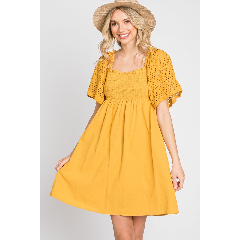 Yellow Smocked Front Crochet Shoulder Cut Out Back Dress