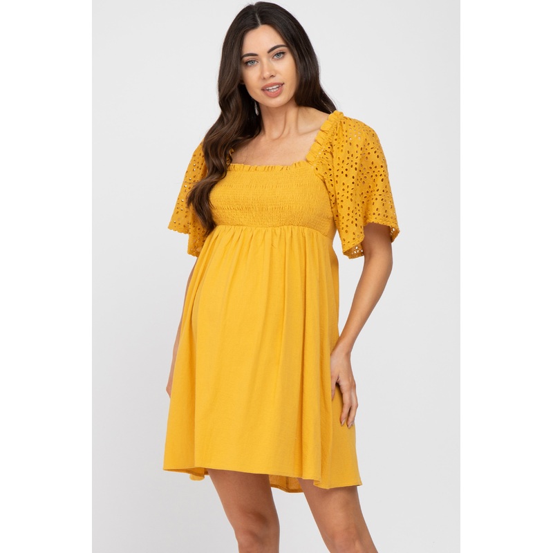 Yellow Smocked Front Crochet Shoulder Cut Out Back Maternity Dress