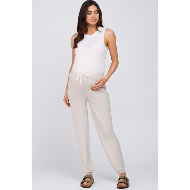 Beige Contrast Maternity Jogger Pants