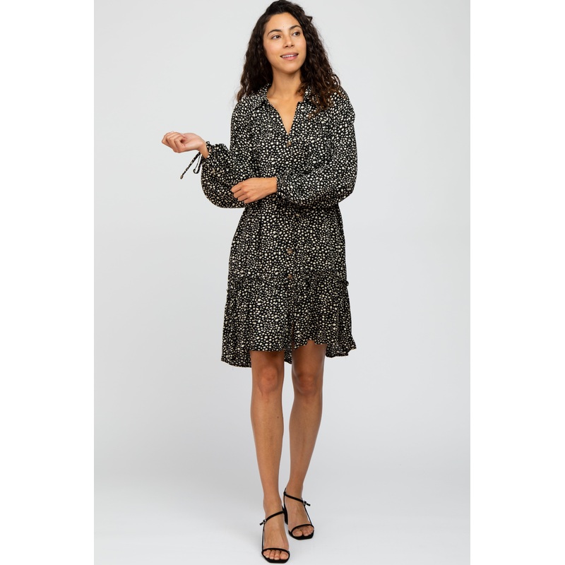 Black Animal Print Button Front Dress