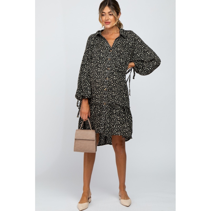 Black Animal Print Button Front Maternity Dress