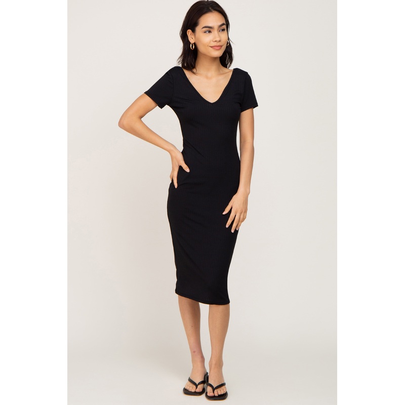 Black Basic Ribbed Fitted Midi Dress