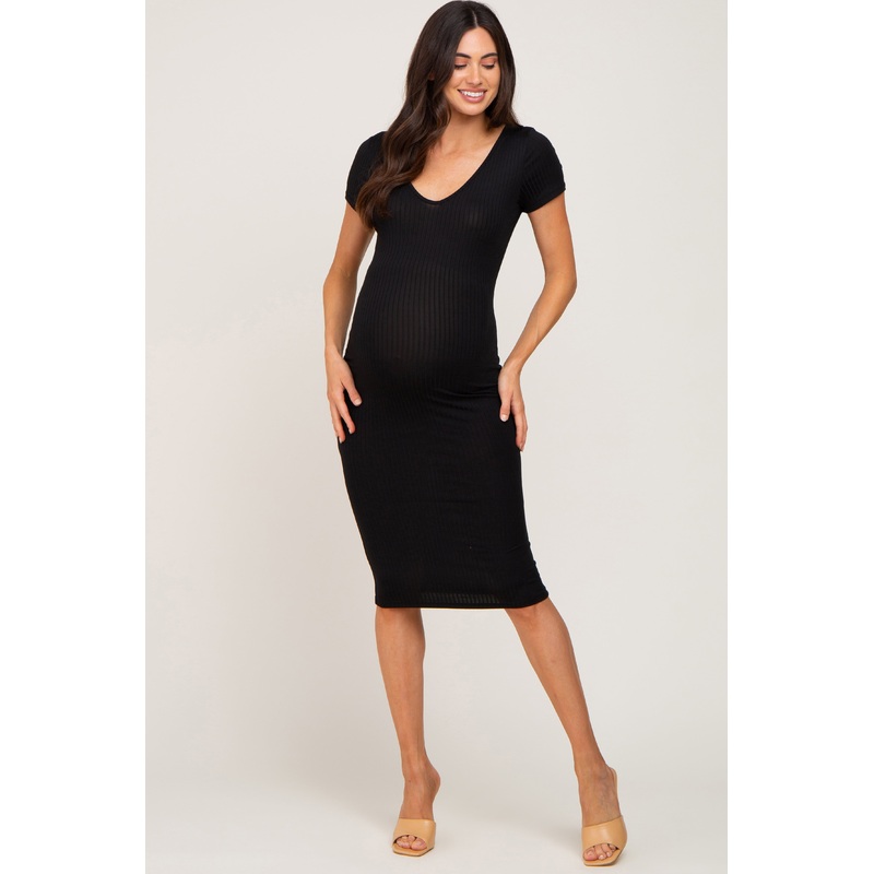 Black Basic Ribbed Maternity Fitted Midi Dress