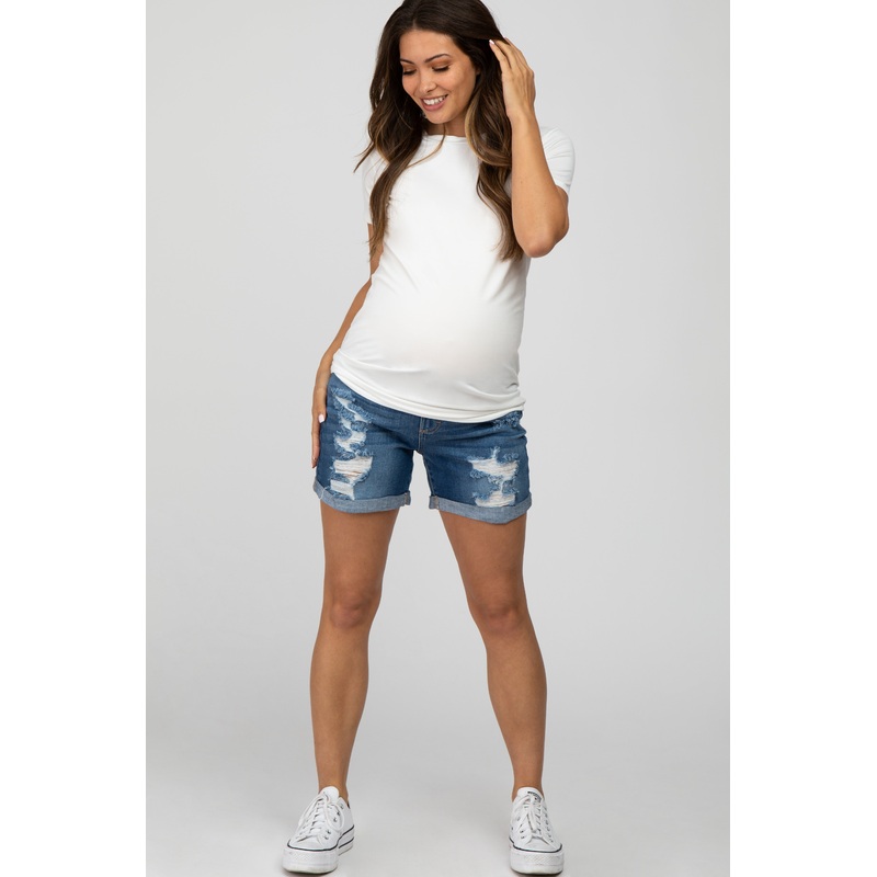 Blue Distressed Cuffed Maternity Denim Shorts