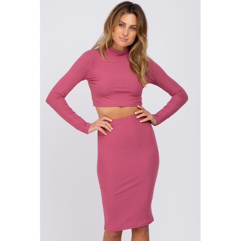 Mauve Mock Neck Top Skirt Set