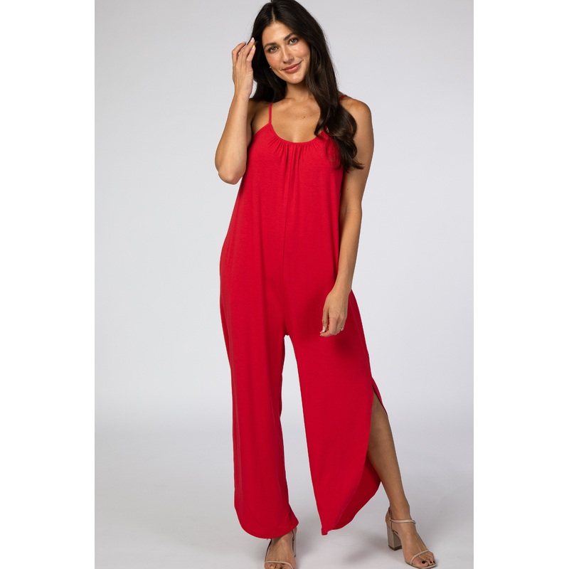 Red Sleeveless Side Slit Jumpsuit