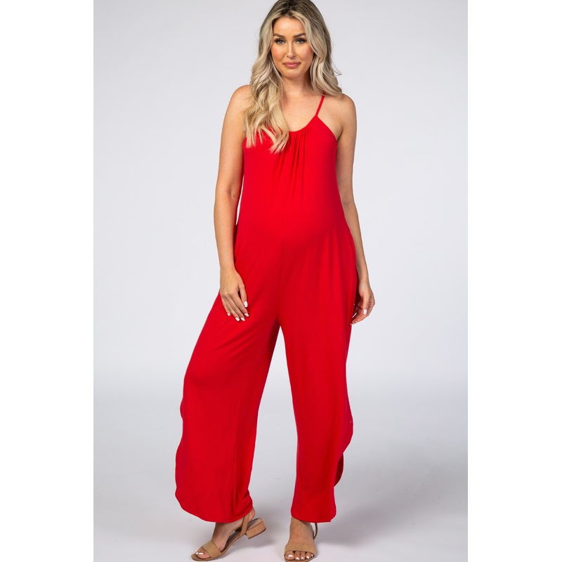 Red Sleeveless Side Slit Maternity Jumpsuit