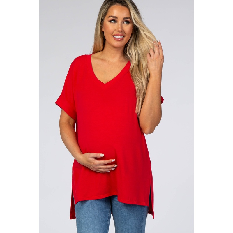 Red V-Neck Cuffed Short Sleeve Maternity Top