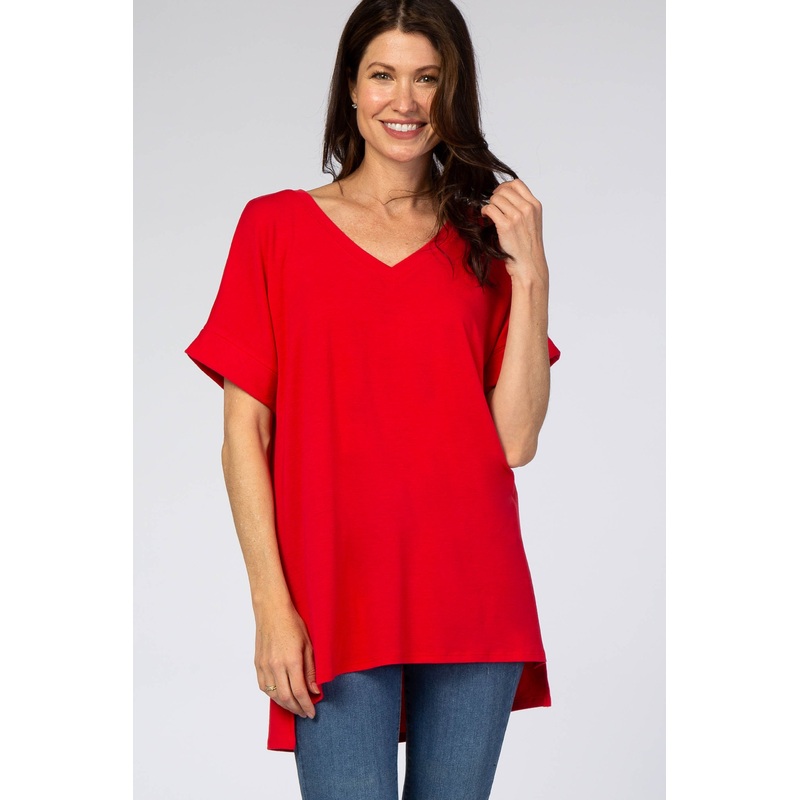 Red V-Neck Cuffed Short Sleeve Top