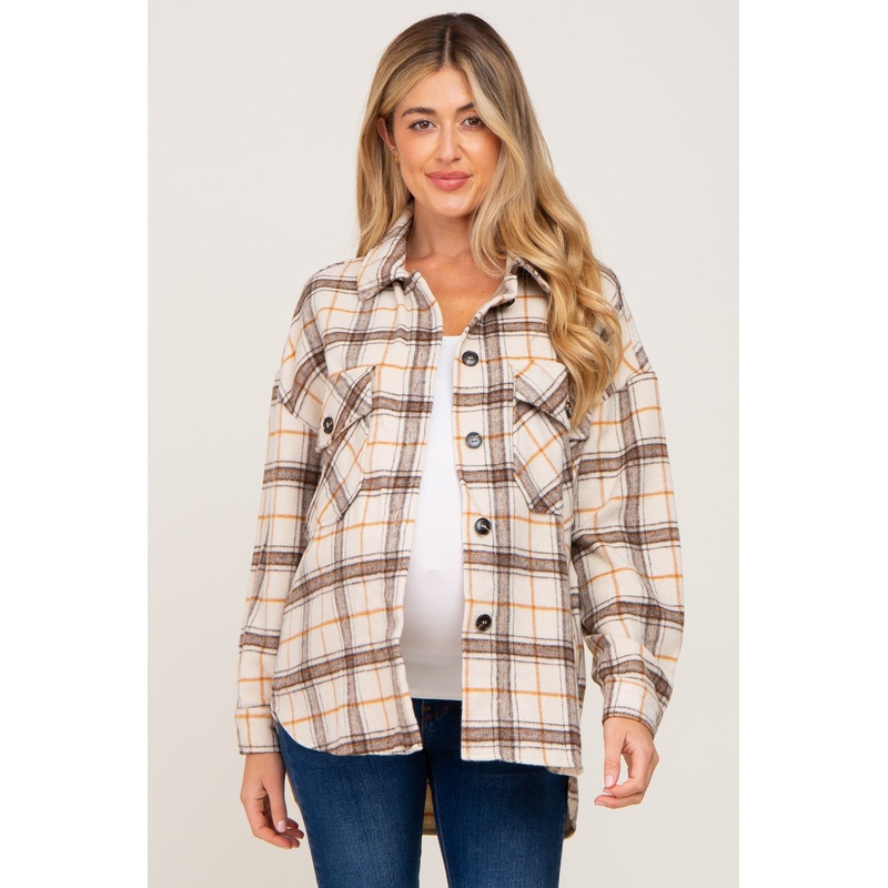 Taupe Plaid Maternity Shirt Jacket