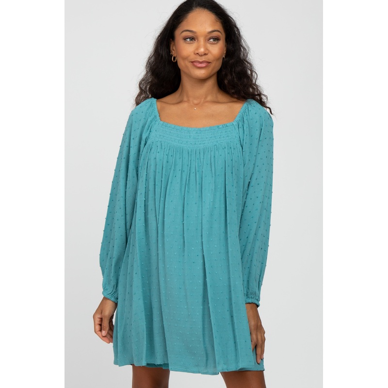 Turquoise Textured Dot Square Neck Dress