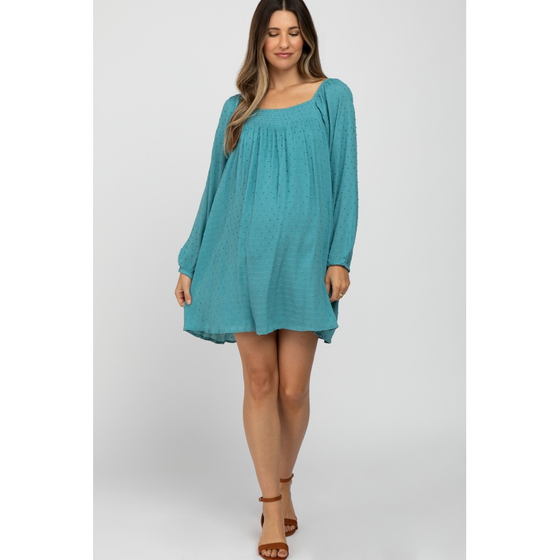 Turquoise Textured Dot Square Neck Maternity Dress