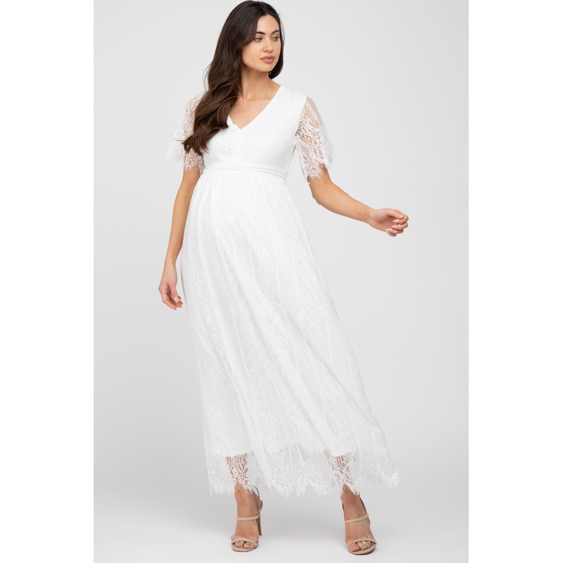 White Lace Short Sleeve Maternity Maxi Dress
