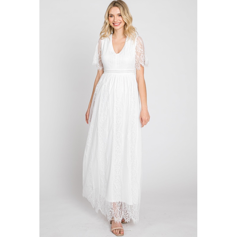 White Lace Short Sleeve Maxi Dress