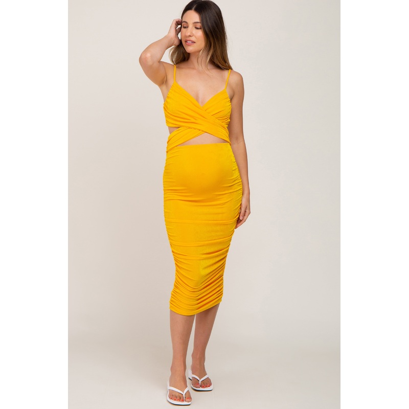 Yellow Crossover Cut Out Maternity Fitted Dress