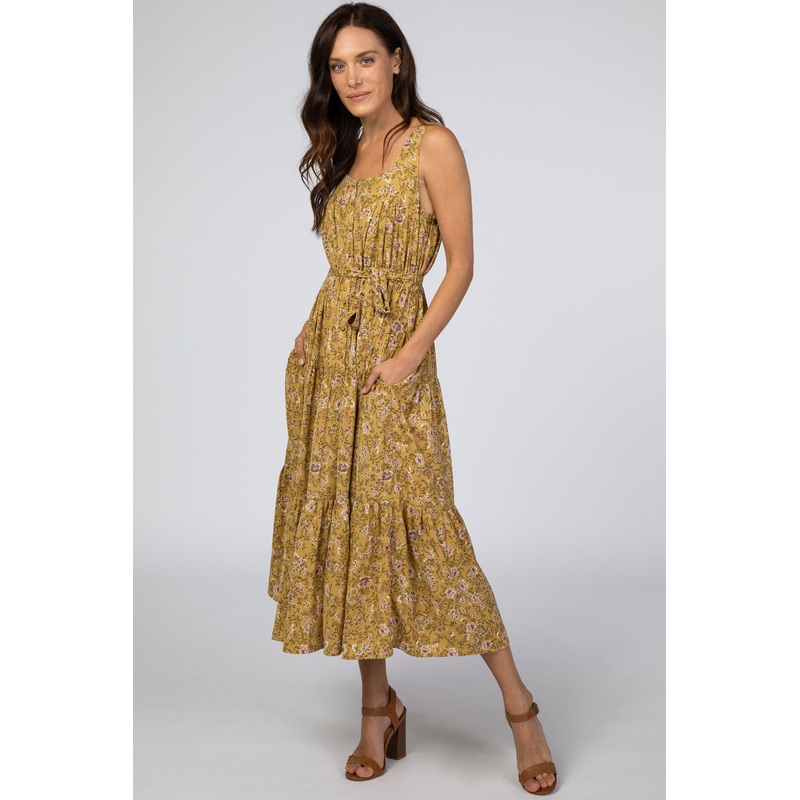 Yellow Floral Square Neck Button Front Midi Dress
