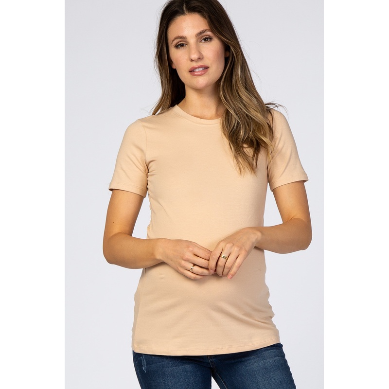 Beige Crew Neck Short Sleeve Maternity Top