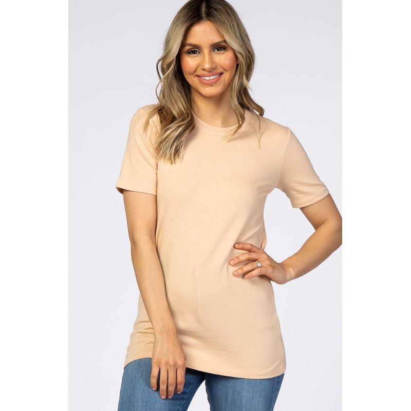 Beige Crew Neck Short Sleeve Top
