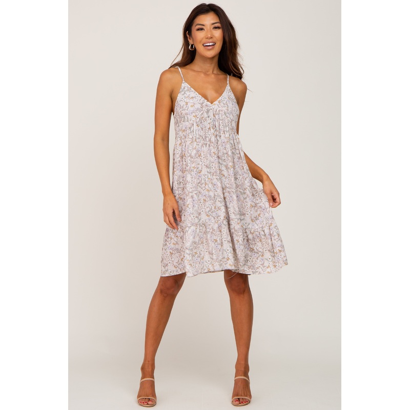 Beige Floral V-Neck Ruffle Hem Dress