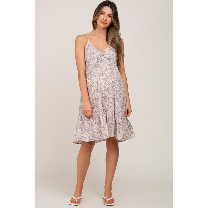 Beige Floral V-Neck Ruffle Hem Maternity Dress
