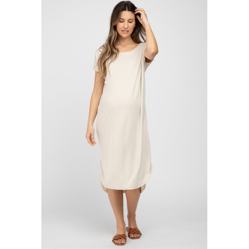 Beige Raw Hem Basic Maternity Dress