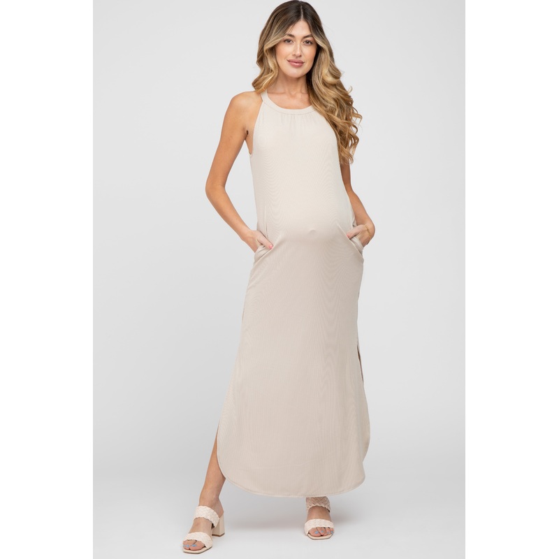 Beige Ribbed Halter Neck Round Hem Maternity Maxi Dress