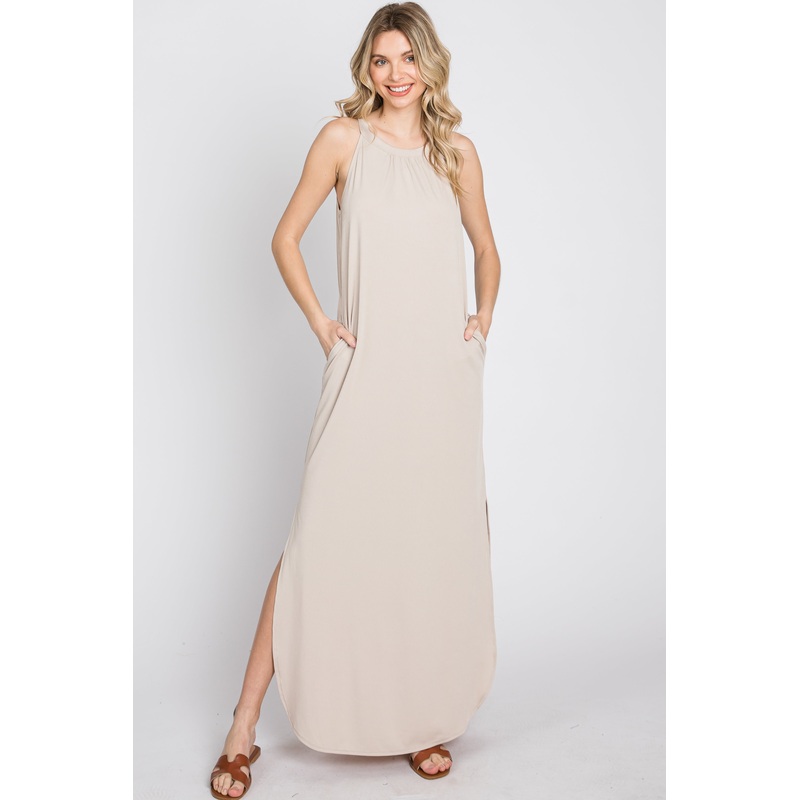 Beige Ribbed Halter Neck Round Hem Maxi Dress