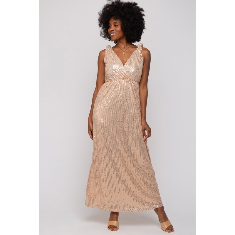 Beige Sequin Sleeveless Wrap V-Neck Gown
