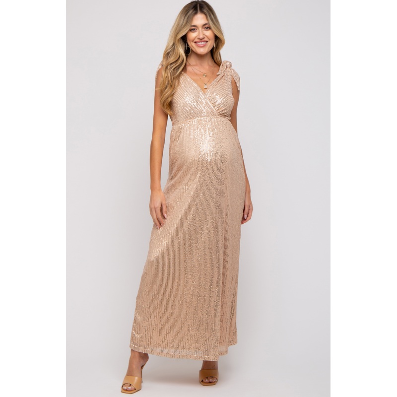 Beige Sequin Sleeveless Wrap V-Neck Maternity Gown