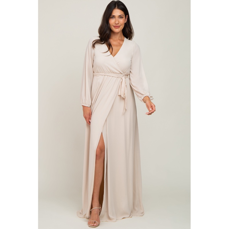 Beige Wrap Front Chiffon Gown