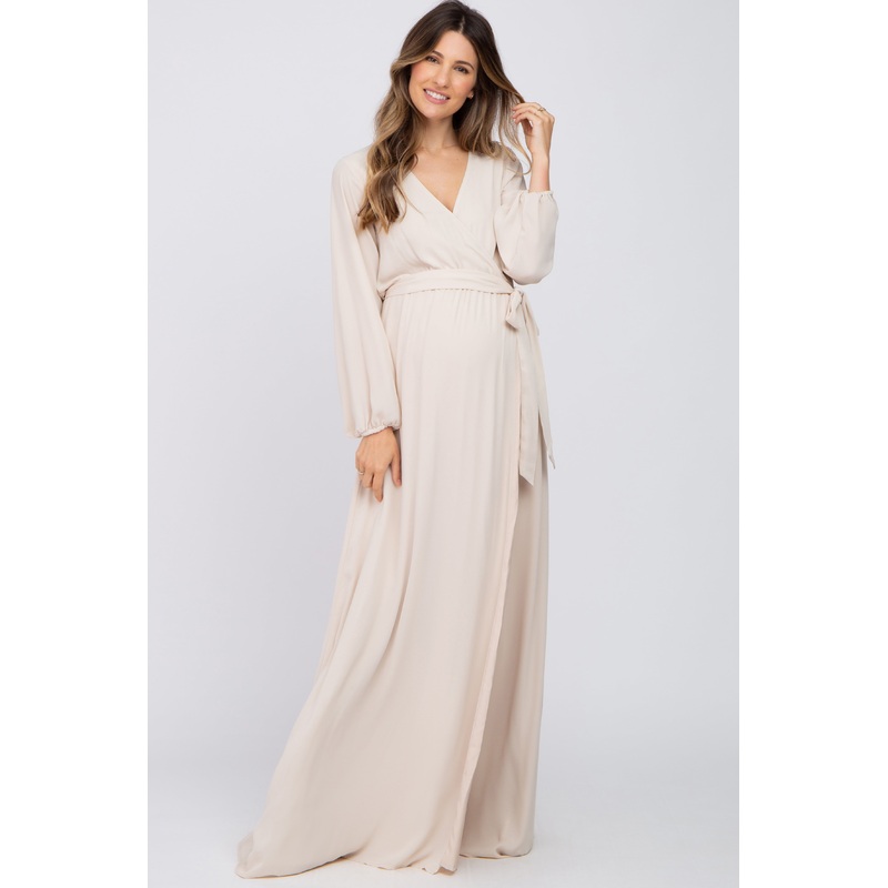 Beige Wrap Front Chiffon Maternity Gown