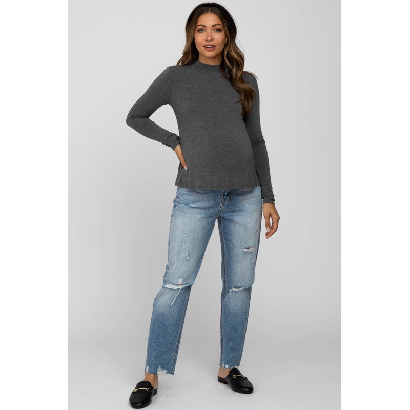 Blue Distressed Open Knee Raw Hem Maternity Jeans