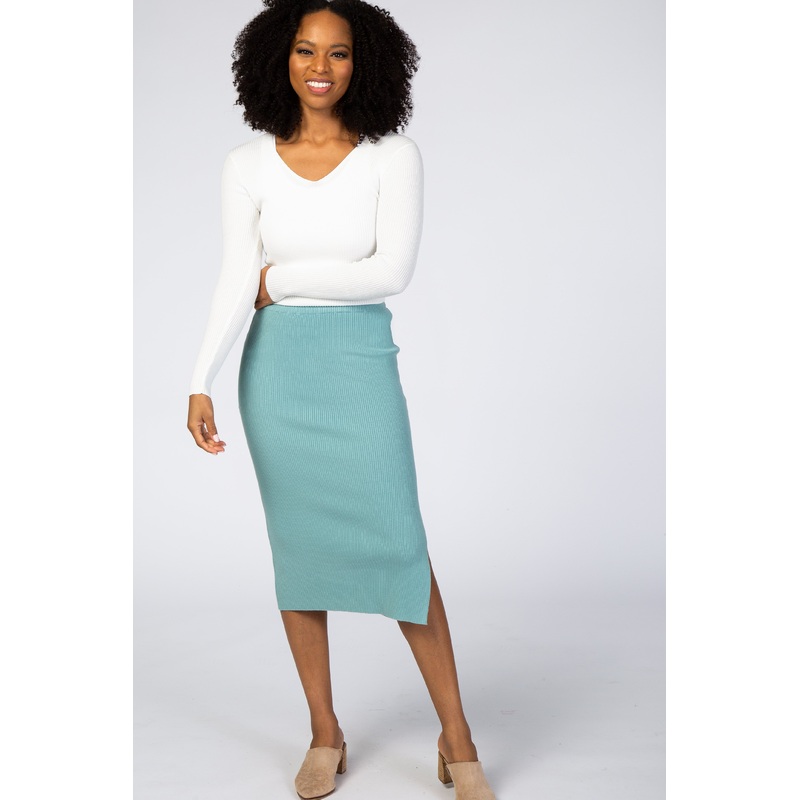Jade Ribbed Knit Pencil Skirt
