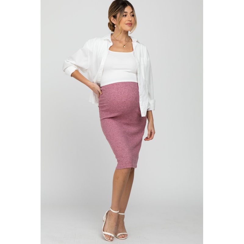 Mauve Ribbed Back Slit Maternity Pencil Skirt