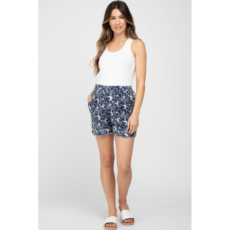 Navy Floral Frayed Hem Maternity Shorts